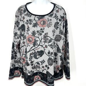 Nice Tricot Womens Floral Round Neck Gray Floral Print Rhinestones Size 51/53